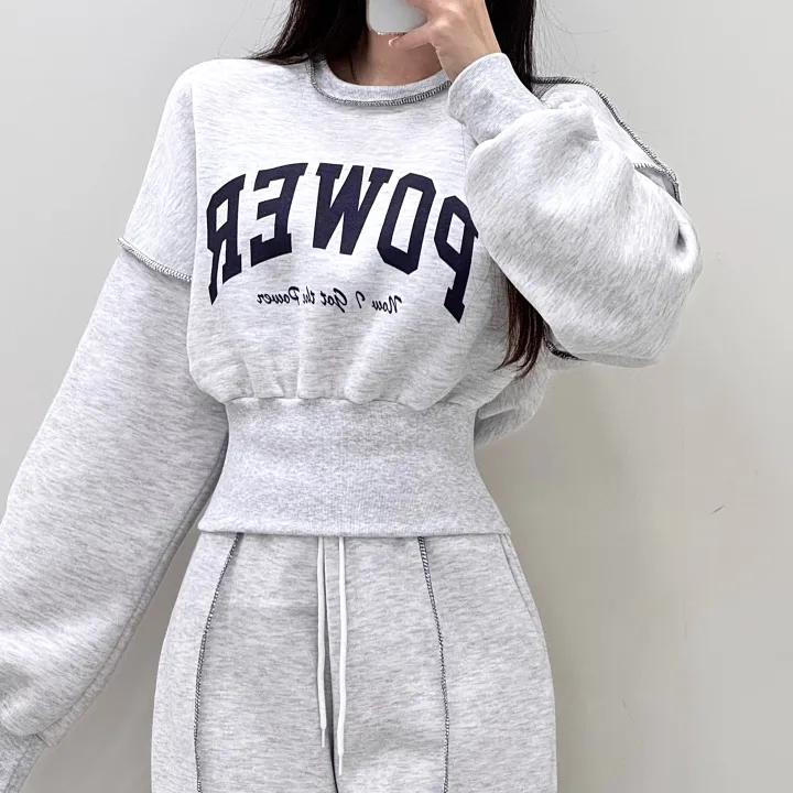 *단독 봄버전추가*[허리잘록!/아방핏] 핏대박템 스티치 라인 레터링 시보리 기모 크롭 맨투맨+밴딩 하이웨스트 핀턱 와이드 롱팬츠 트레이닝 세트 투피스 셋업 3color 상세 이미지 17