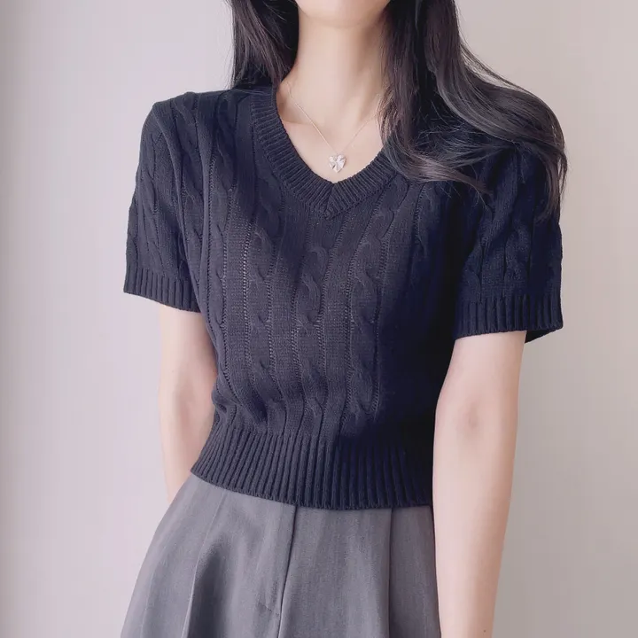 (6color/최저가 보장!) 실물보장! 색감에 반한, 마카롱 꽈배기 브이넥 크롭 반팔 니트 상세 이미지 32