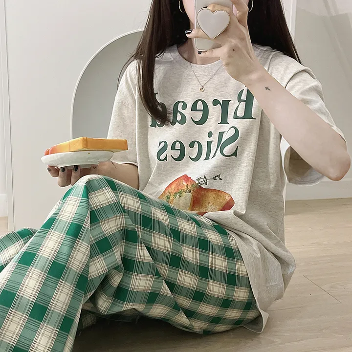 💚[당일출고/긴팔추가!]💚 빅사이즈 식빵 반팔 잠옷 파자마 세트 잠옷바지 루즈핏 오버핏 체크바지 남녀공용 티셔츠 커플티 커플룩 여름 상세 이미지 5