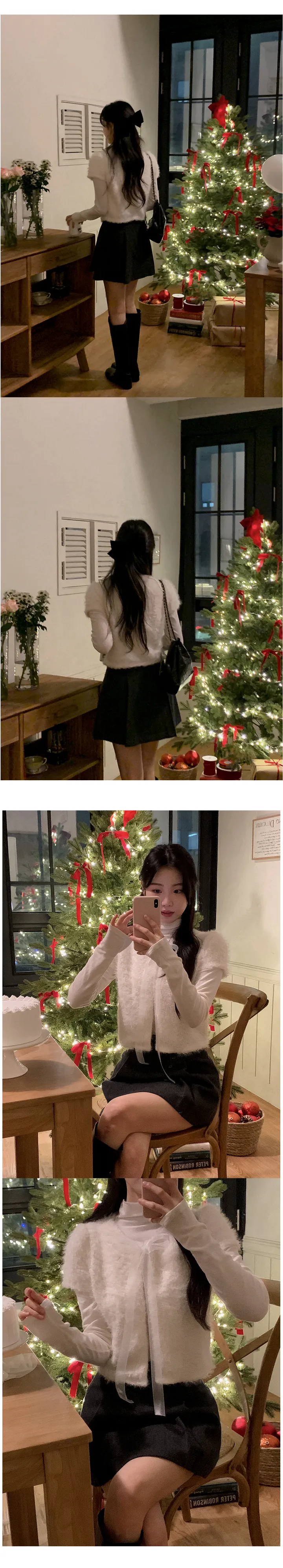 [하객룩][리본탈부착가능][리본 셋트][MADE][자체제작][국내 생산]스노우 시어 쉬폰 리본 퍼 반팔 가디건 (3color) 상세 이미지 13