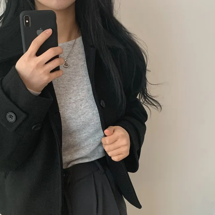 봄가을 크롭재킷 오버핏 아이보리 블랙 싱글버튼 숏코트 상세 이미지 52