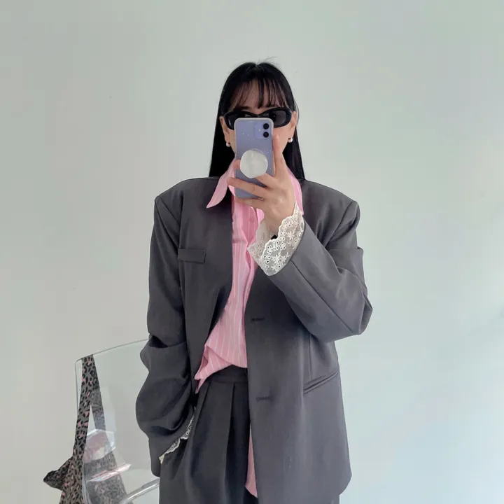 [봄best/데이트룩/하객룩] 쌜린 노카라 레이스자켓 봄 아우터 오버핏자켓 박스핏자켓 루즈핏자켓 싱글 봄자켓 상세 이미지 19