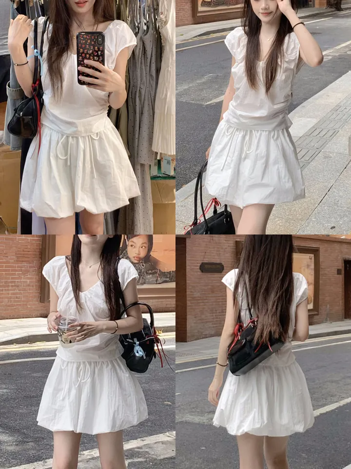 [봄신상💗/2pc세트]퓨어블 셔링 브이넥 블라우스 + 펌킨 스커트 투피스 코디set 상세 이미지 2