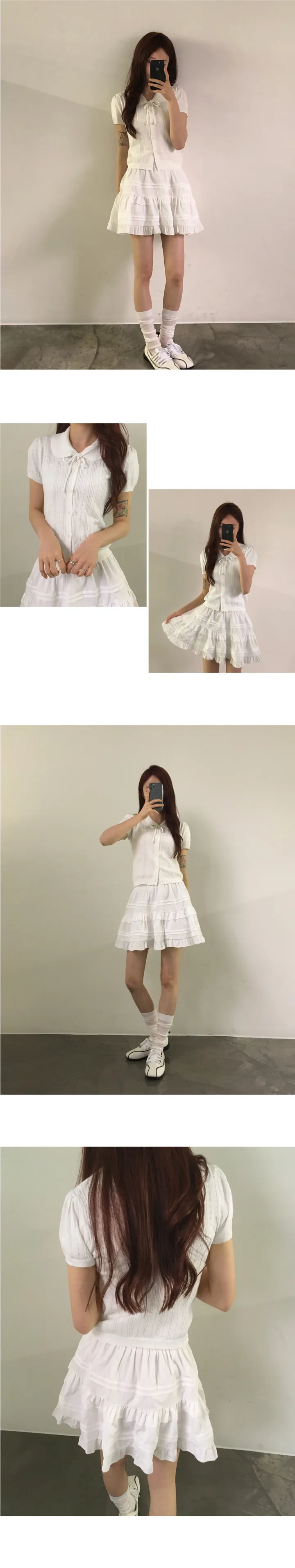 [러블리🧸] 보딩 펀칭 아일렛 리본 타이 카라 반팔 니트 가디건 상세 이미지 8
