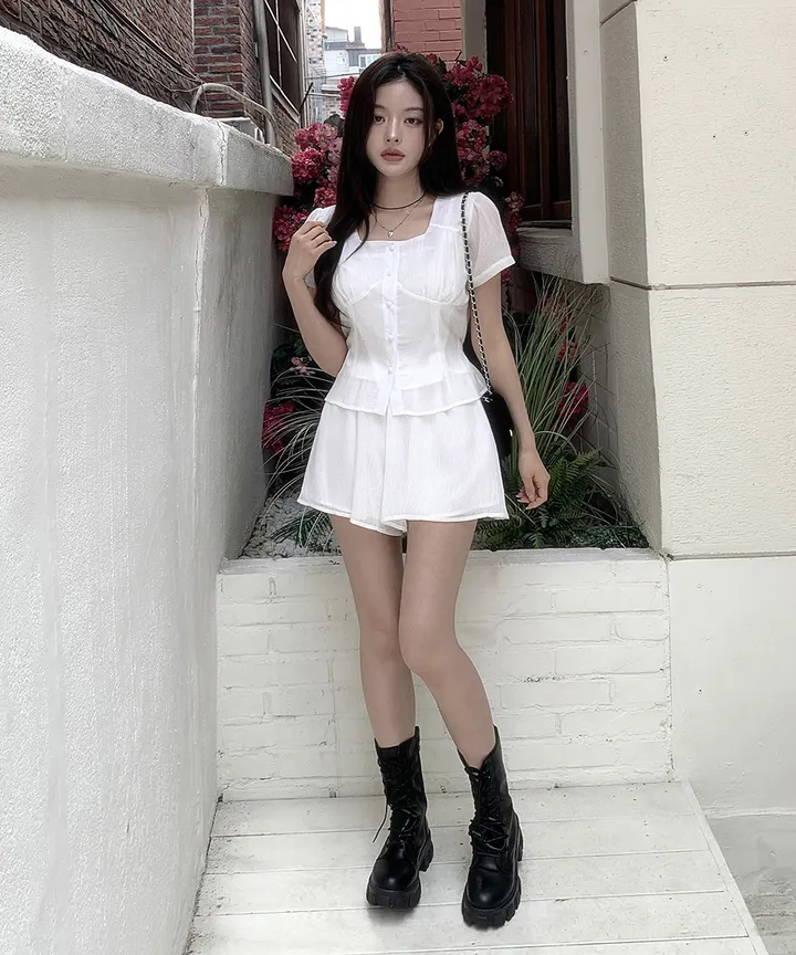 [투피스 set💗치마바지] 셀럽 스퀘어넥 허리끈 여름 하객룩 반팔 블라우스 미니 스커트 치마바지 투피스 세트 / 데이트룩 미니원피스 클래식블랑 상세 이미지 11