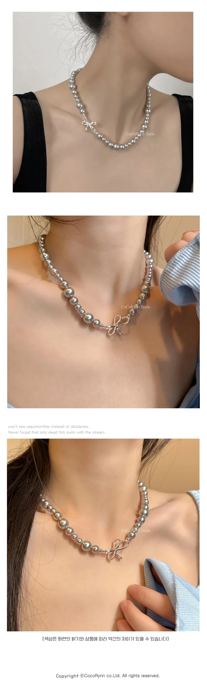 **당일출고** 은색 진주 리본 목걸이 무알러지 써지컬스틸 상세 이미지 4