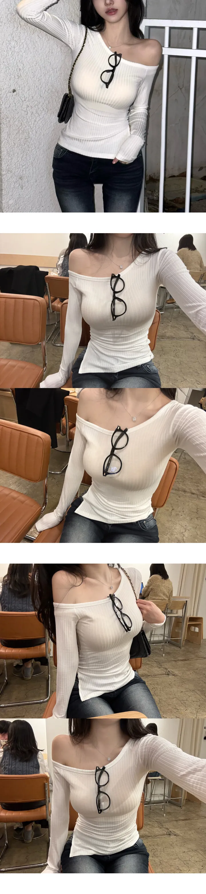부분당일🚀역대급문의 [ MADE : 실물보장 ] 엘리아 쫀쫀 골지 원숄 언발 오프숄더 사선 트임 크롭 긴팔 티 상세 이미지 9