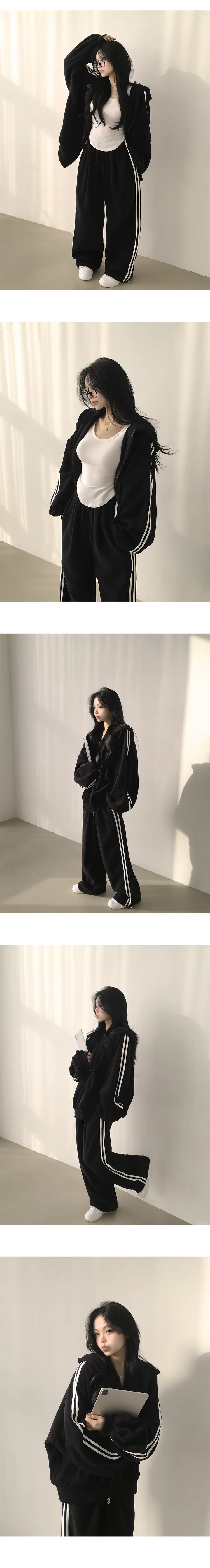 [도톰,포근~/후리스트레이닝세트🤍] 꾸안꾸 정석, 후리스 트랙 오버핏 투웨이 후드집업 + 밴딩 트랙 투웨이 스트링 조거 와이드 트레이닝팬츠 투피스 세트 (5color) 상세 이미지 9