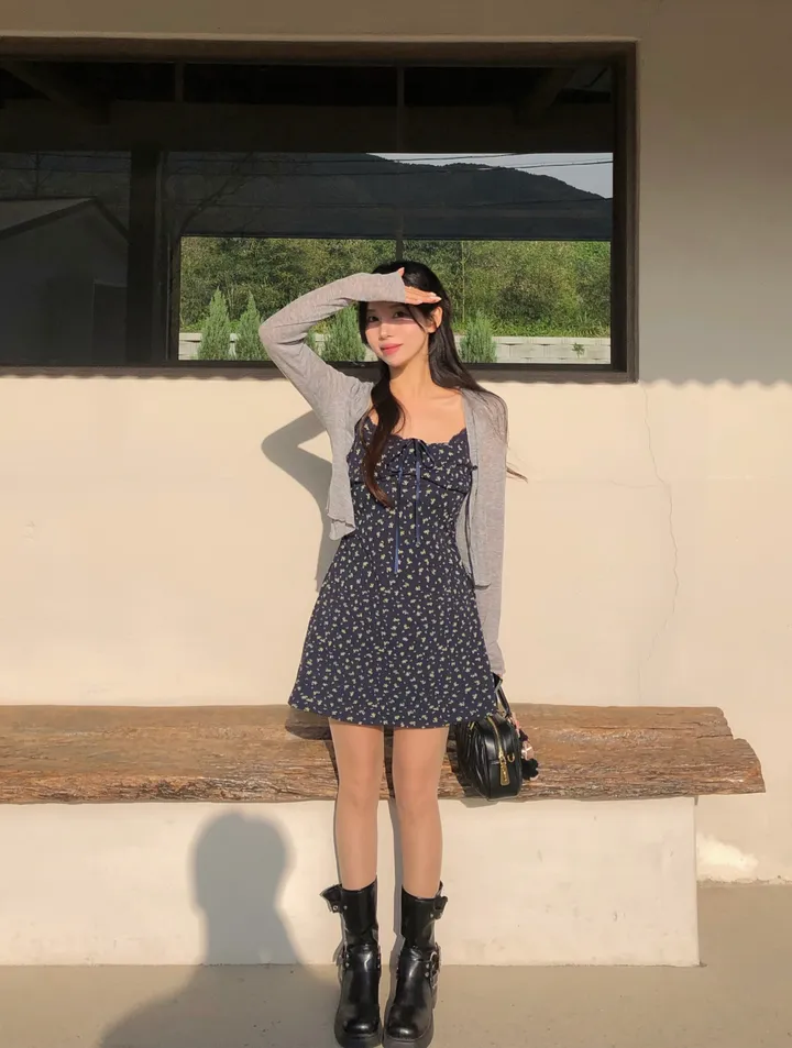 크롭 가디건 잔꽃 미니원피스 세트 상세 이미지 3