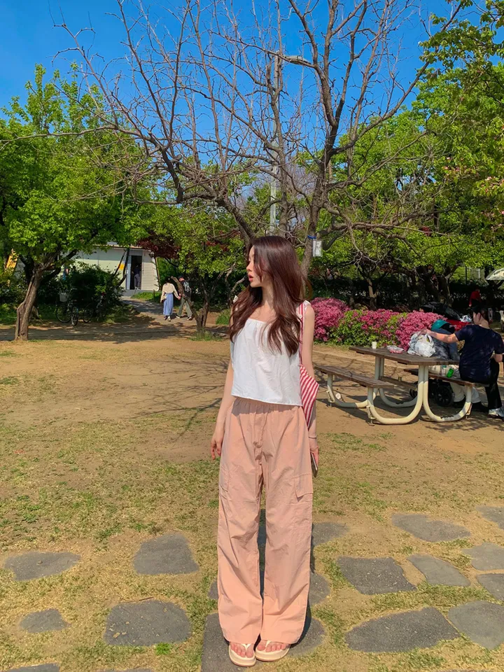 [묶음할인🎁간절기🤎롱&숏/진짜강추ㅠ] 아이스 바스락 나일론 썸머 카고 와이드 트레이닝 팬츠 하이웨스트 밴딩 봄 츄리닝 바지 냉장고 벚꽃룩 꽃놀이룩 개강여신 6COL 상세 이미지 16