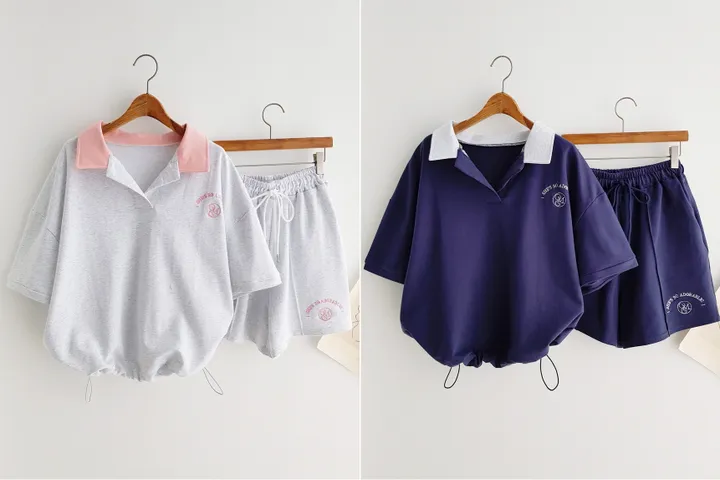 *세트가격!* 귀여운 자수 포인트 카라티셔츠 오버핏 카라반팔티 밴딩 핀턱 반바지 투피스세트 여름 트레이닝복 추리닝세트 이지웨어세트 여름휴가룩 바캉스룩 꾸안꾸세트 썸머세트 상세 이미지 1