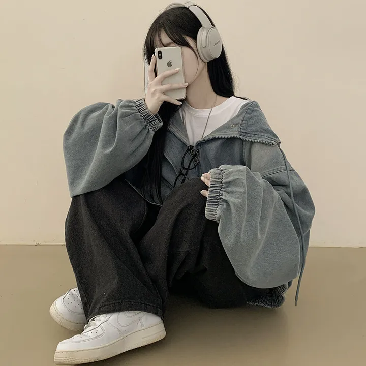 [남여공용/왕오버핏] 데님 투웨이 빅후드 오버핏 워싱 벌룬 청자켓 점퍼 연청 흑청 상세 이미지 5