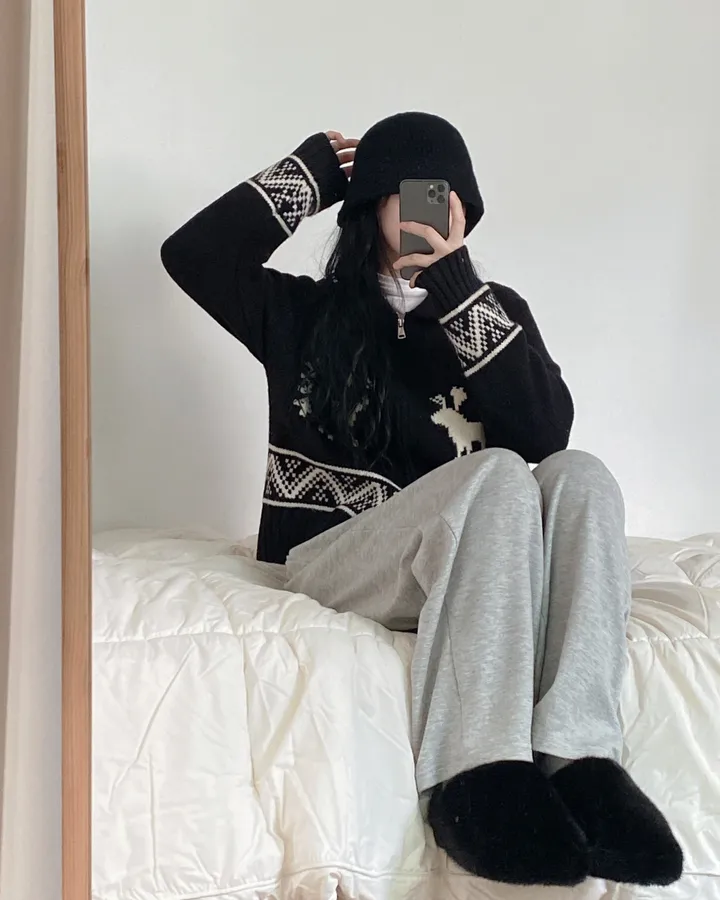[두툼/겨울감성] 빈티지 노르딕 사슴 눈꽃 아방핏 크리스마스 니트 카라 투웨이 집업 가디건 상세 이미지 17