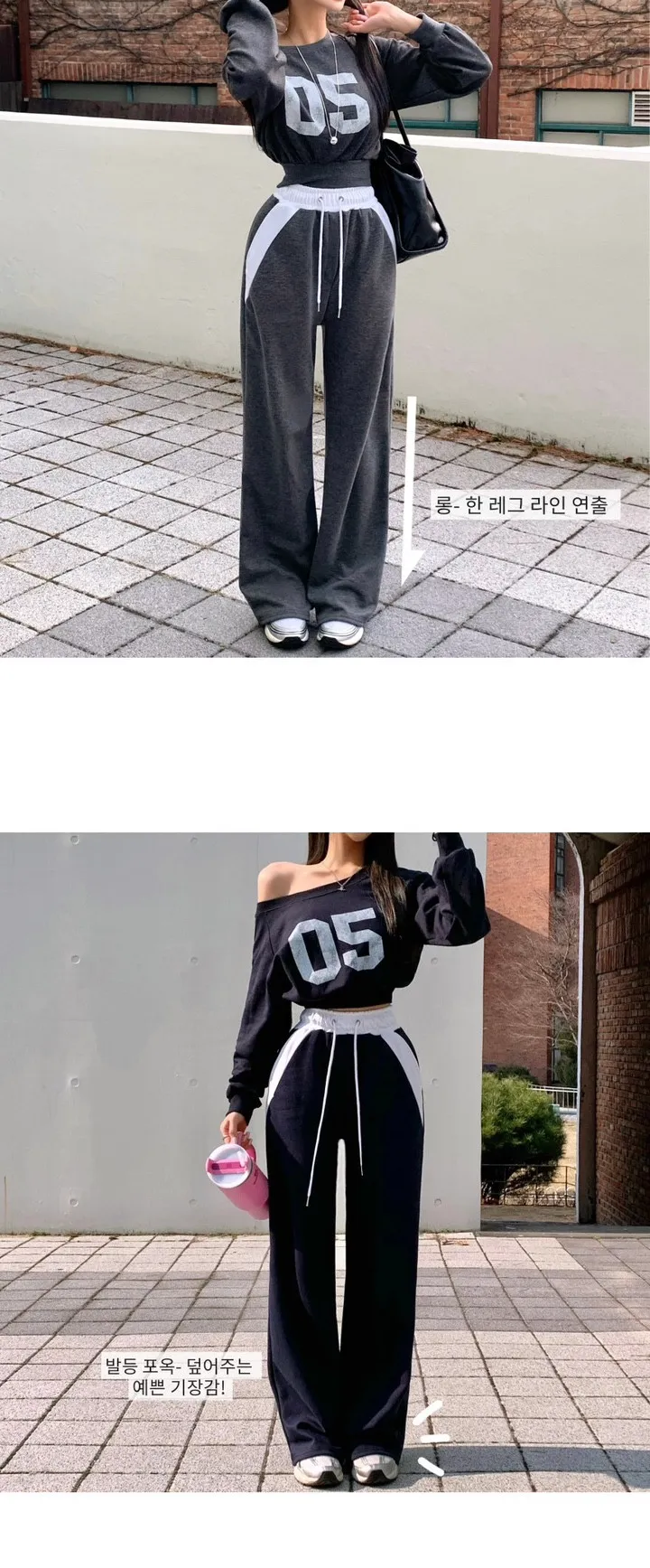 *최저가* [꾸안꾸🕶/핏보장] 넘버 크롭 오프숄더 맨투맨+와이드팬츠set 레터링맨투맨 배색 일자팬츠 트레이닝세트 셋업 상세 이미지 6