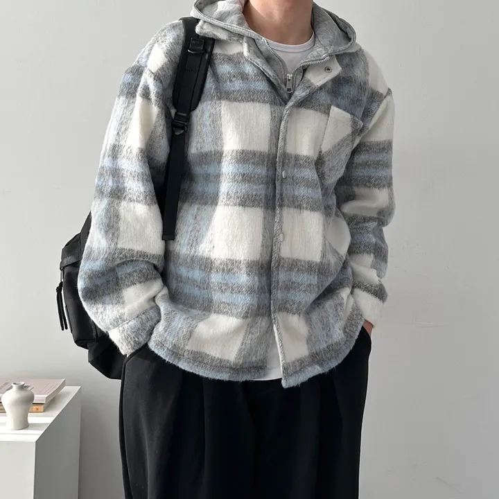 오버핏 체크 하프 코트 자켓 후드 레이어드 미니멀 빅사이즈 아우터 후드레이어드하프체크코트 상세 이미지 9