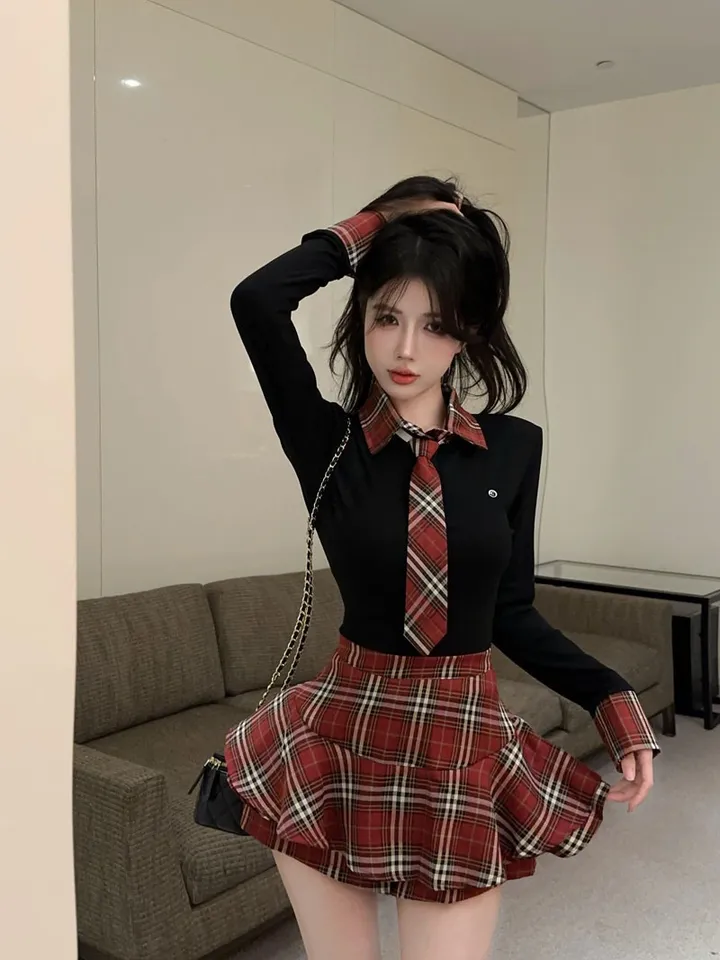 (S~L) 블랙 레드체크 교복 타이 투피스세트 상세 이미지 6
