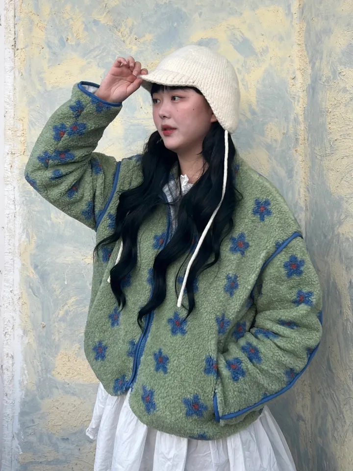 플라워 뽀글이 누빔 후리스 집업 상세 이미지 17