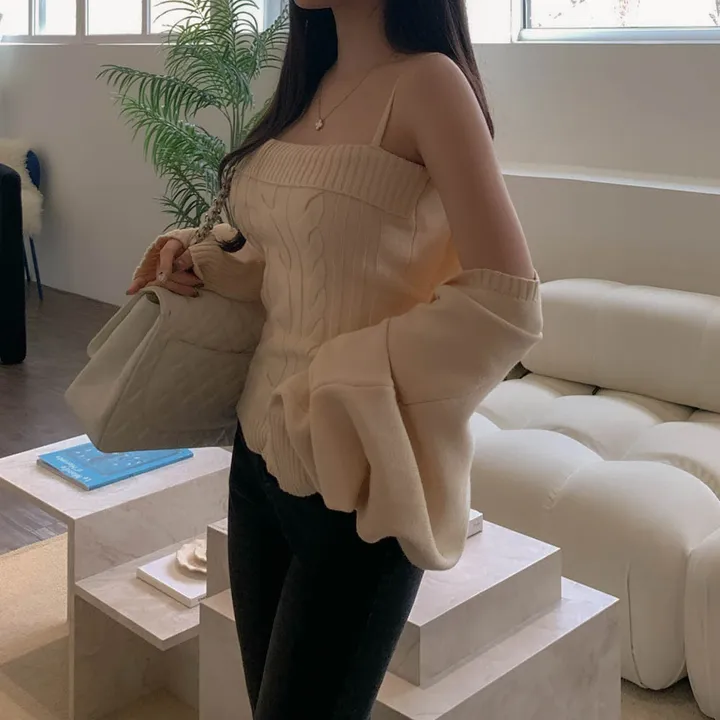 [찐애정템ㅠ고퀄버전*나시볼레로setෆ부유방삭제핏] 빈츠 꽈배기 끈나시 + 루즈핏 긴팔 볼레로 세트 니트 탑 나시 크롭 볼레로 가디건 스판 긴팔 투피스 세트 봄 가을 데일리룩 데이트 상세 이미지 17