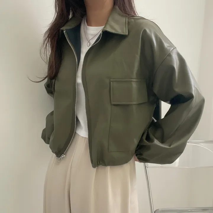 [투웨이/고퀄리티]레더 스트링 카라 크롭 라이더 숏자켓 3color 상세 이미지 3