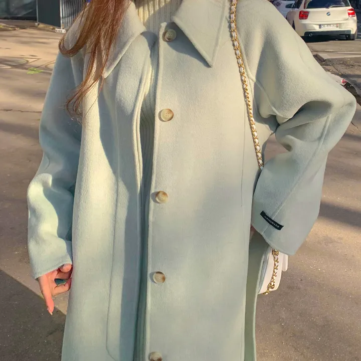 [메리노울100%🤎handmade] 백화점퀄 wool 핸드메이드 롱 울 코트 카라 로브 모직 루즈핏 벨트 싱글 히든버튼 트임 겨울 아우터 네이비 베이지 민트 3col 상세 이미지 22