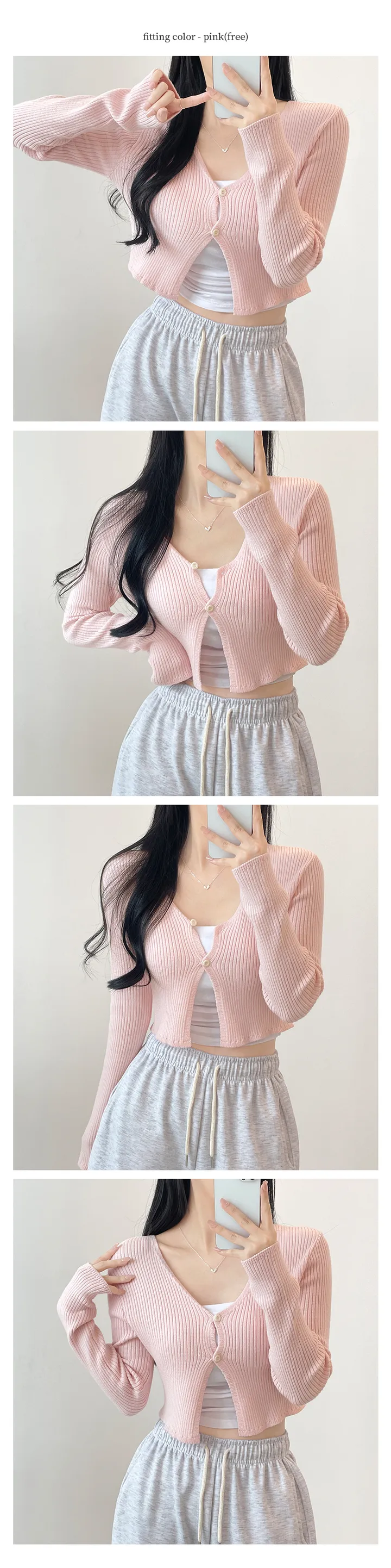봄가디건🌸아일릿 브이넥 투버튼 단추 트임 긴팔 반팔 크롭 골지 니트 가디건 (6color) 상세 이미지 12