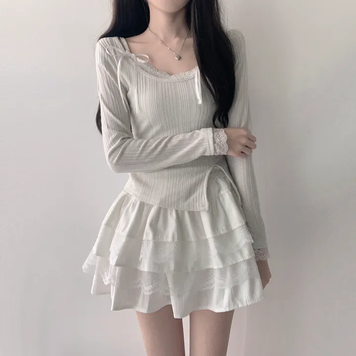 [은은한펄/러블리] 트윙클 골지 슬릿 펄 긴팔 티셔츠+레이스 리본 나시&슈아 밴딩 캉캉 미니 스커트 투피스 쓰리피스 코디세트 단품 세트 상세 이미지 21