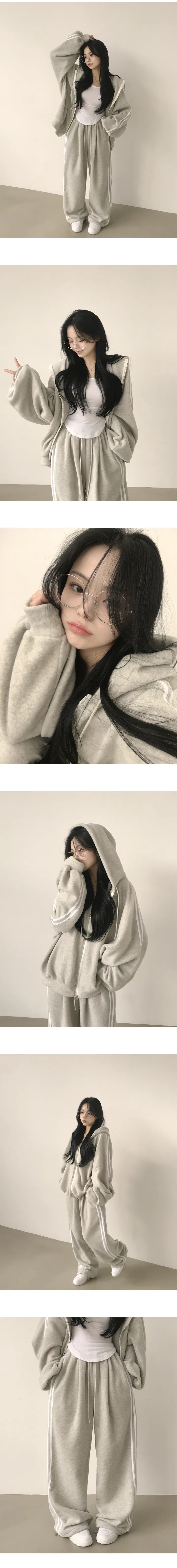 [도톰,포근~/후리스트레이닝세트🤍] 꾸안꾸 정석, 후리스 트랙 오버핏 투웨이 후드집업 + 밴딩 트랙 투웨이 스트링 조거 와이드 트레이닝팬츠 투피스 세트 (5color) 상세 이미지 12
