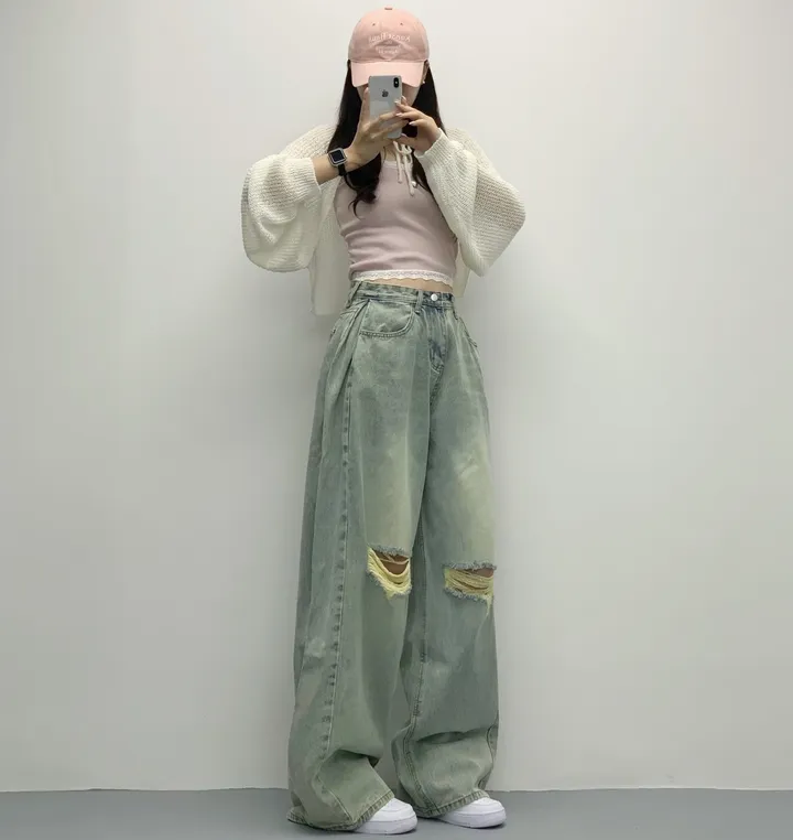 당일🚀[숏,롱/~XL/찐인생바지] 슬릿 찢청 폴딩 빈티지워싱 벌룬핏 옆핀턱 와이드팬츠 무릎트임 데님 청바지 기장선택 빅사이즈까지 오버핏팬츠 여름청바지 상세 이미지 45