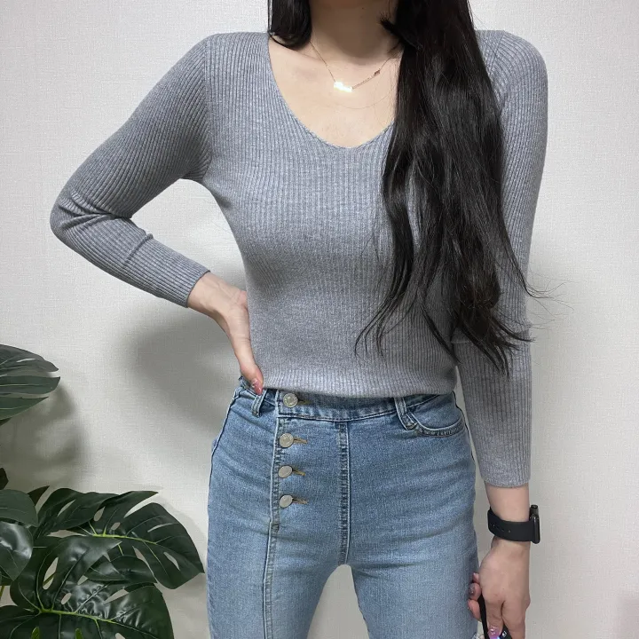 1000장 돌파! 🚀당일발송!🚀✨진짜최저가보장✨ 🎊봄까지 쭉!🎊 주문폭주 🎀리뷰극찬🎀 2개 구매시 묶음할인! 기본 슬림 골지 브이넥 니트 긴팔티 상세 이미지 27