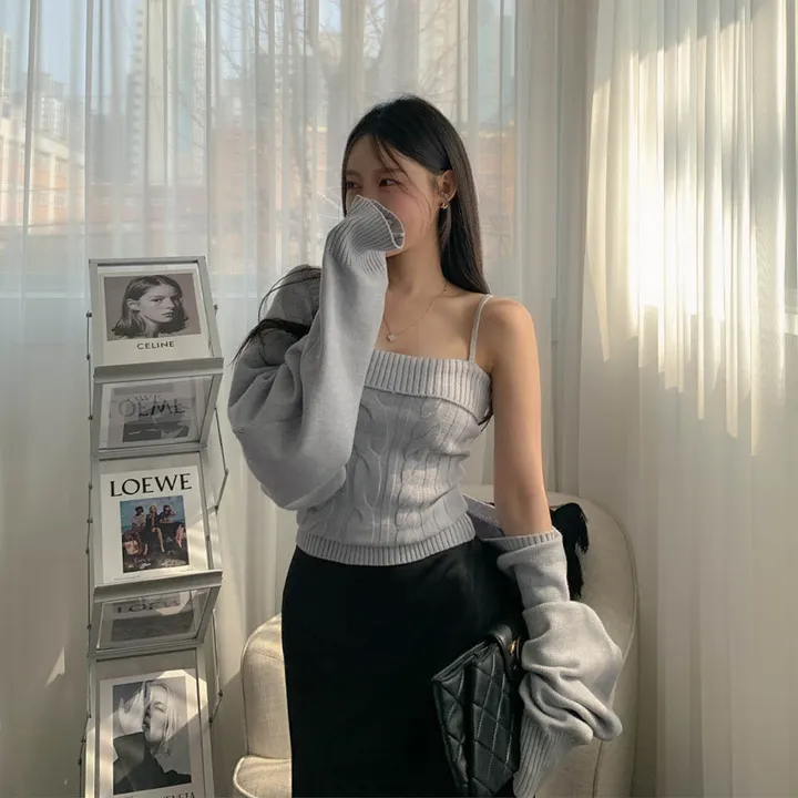 [찐애정템ㅠ고퀄버전*나시볼레로setෆ부유방삭제핏] 빈츠 꽈배기 끈나시 + 루즈핏 긴팔 볼레로 세트 니트 탑 나시 크롭 볼레로 가디건 스판 긴팔 투피스 세트 봄 가을 데일리룩 데이트 상세 이미지 32