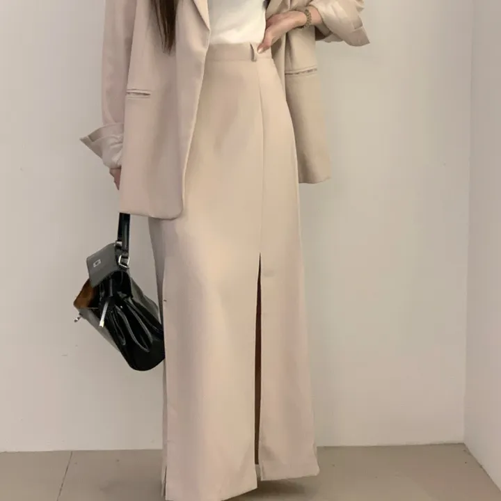 *한정수량원가 SALE* 국내 하이퀄리티 기본 수트 자켓 절개 슬릿 롱 스커트 하객룩 정장 오피스룩 투피스 세트 셋업 2color 상세 이미지 7