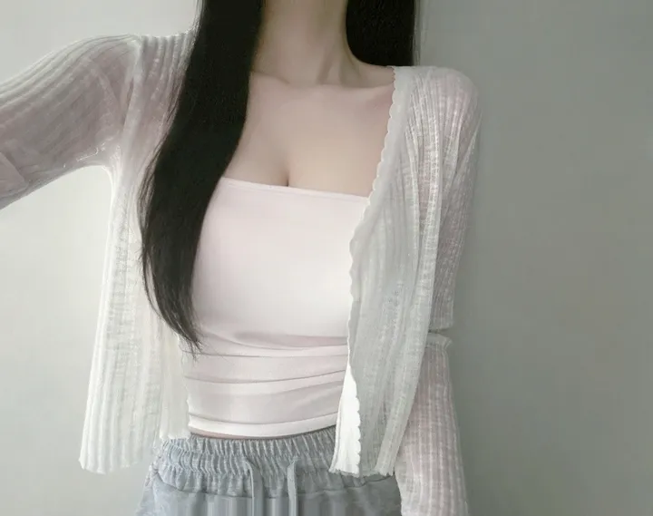 [여리보들💕/슥 걸치는]손등 덮는 러빙 텐셜 시스루 루즈핏 크롭 데일리 레이어드 브이넥 가디건 5color 상세 이미지 3