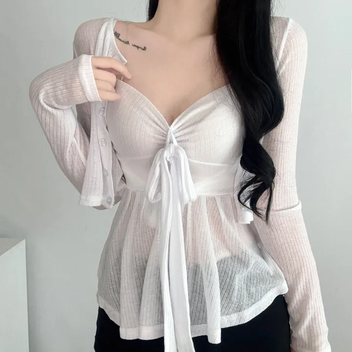 [존예/SET!] 브이넥 리본 플레어 끈조절 나시 블라우스 + 골지 가디건 투피스 세트 상세 이미지 4
