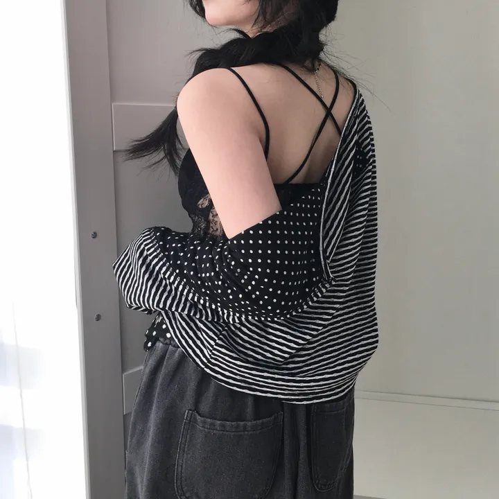 [반전 도트안감🖤/뒷태패치 포인트!!] 빈티지 감성 낭낭🪽 도트안감 패치 단가라 스트라이프 긴팔 가디건 엔젤코어 상세 이미지 15