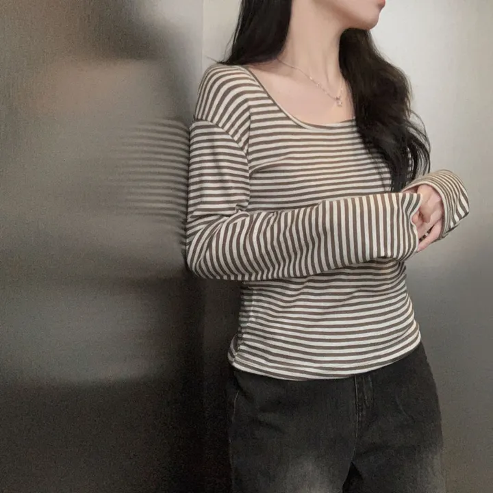 [팔말라핏🤍/단가라ver]팔뚝살 부각없는 3탄! 뉴페이스 단가라 스트라이프 스퀘어넥 루즈핏 긴팔티셔츠 상세 이미지 10