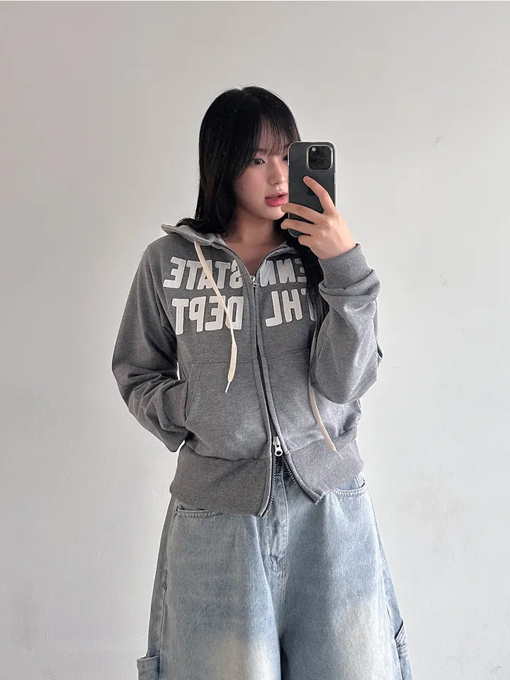 [허리잘록] 스테이트 자수 패치 배색 후드 집업 - 4color 상세 이미지 21