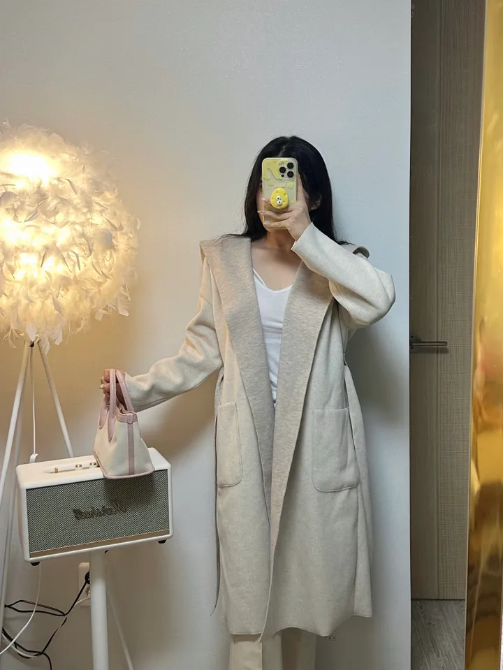 울 배색 벨트 후드 숄 코트 가디건 상세 이미지 8