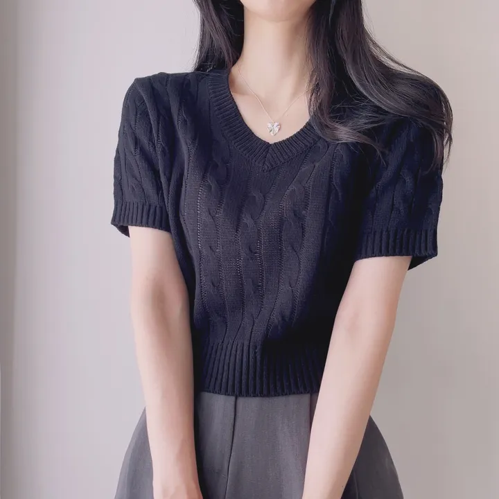 (6color/최저가 보장!) 실물보장! 색감에 반한, 마카롱 꽈배기 브이넥 크롭 반팔 니트 상세 이미지 31