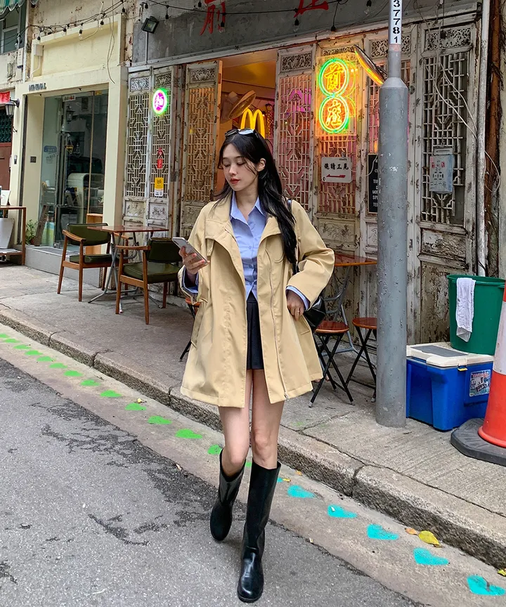 [귀욤아방핏🤎완전강츄] 하이넥 하프 숏 트렌치코트 오버핏 루즈핏 A라인 케이프 바바리 자켓 야상 점퍼 봄 가을 간절기 아우터 데일리룩 2COL 상세 이미지 30