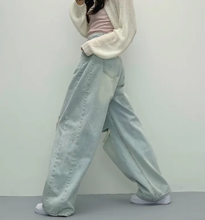 당일🚀[숏,롱/~XL/찐인생바지] 슬릿 찢청 폴딩 빈티지워싱 벌룬핏 옆핀턱 와이드팬츠 무릎트임 데님 청바지 기장선택 빅사이즈까지 오버핏팬츠 여름청바지 상세 이미지 13