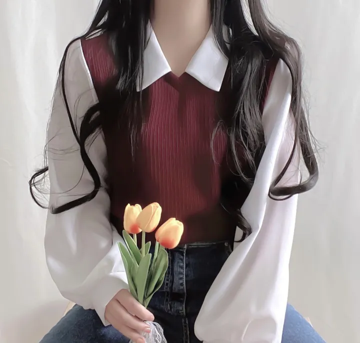 [셔츠+니트 일체형!] 포밍 레이어드 카라 벌룬 배색 니트 블라우스 4color 베이지 핑크 소라 블랙 상세 이미지 17