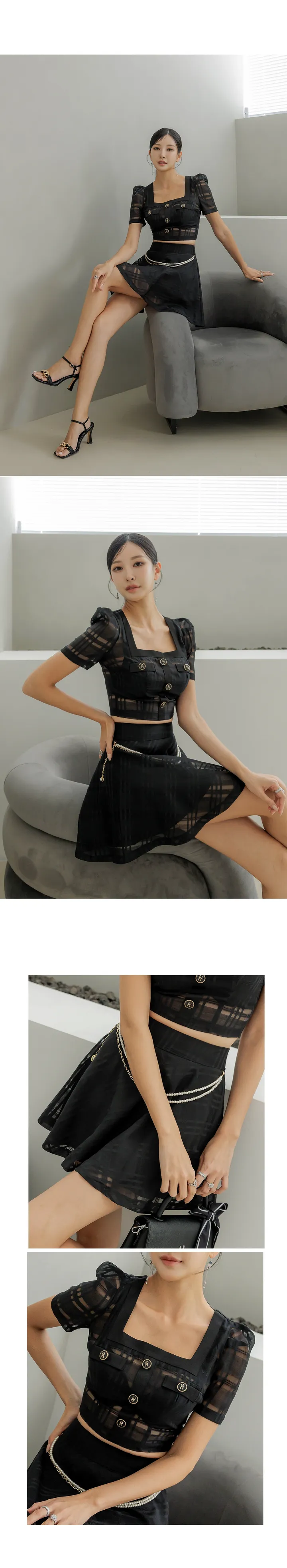 루브아 체크 크롭 블라우스 & 진주체인 미니 스커트 SET 상세 이미지 3