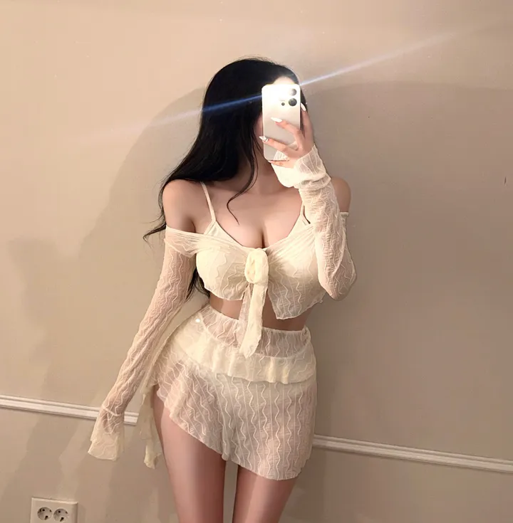 [최저가/군살커버/핏대박!!] 4pcs 커버업 크롭 물결 여리핏 가디건 + 프릴 스판 언발 스커트 세트 섹시 글램 청순 비키니 인생샷 수영복 비치웨어 휴양지 해외여행 시스루 유니크 상세 이미지 1