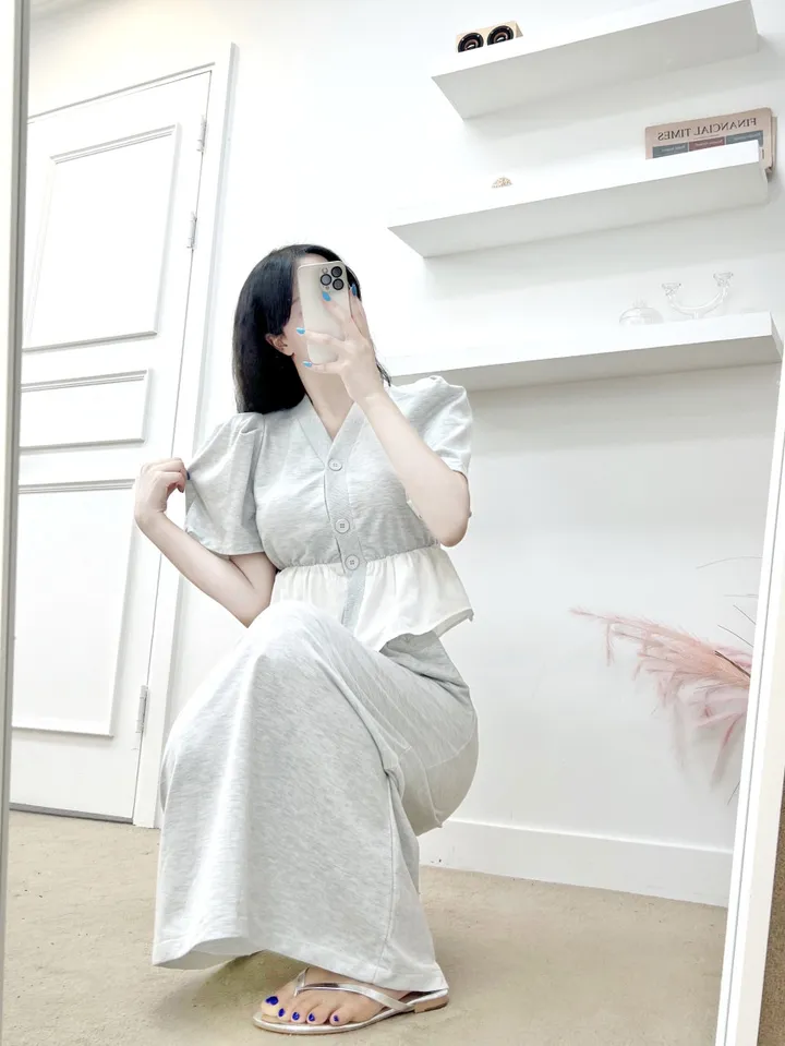 *세트가격+선주문터짐* 어깨패드O 핑키 프릴 퍼프 가디건 + 밴딩짱짱 뒷트임O 롱스커트 (2COLOR) 투피스 트레이닝세트 마실룩 장마룩 레이어드코디 휴양지룩 여행코디 상세 이미지 5
