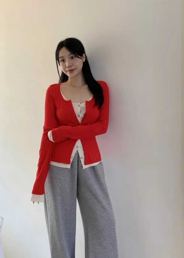 시선 골지 레이어드 배색 단추 가디건 티셔츠4color 상세 이미지 43