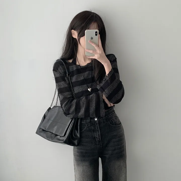 *주문폭주* [데일리힙set] 물결 단가라 니트 티셔츠 & 흑청 사이드워싱 데님 팬츠 [D1-9] 상세 이미지 9