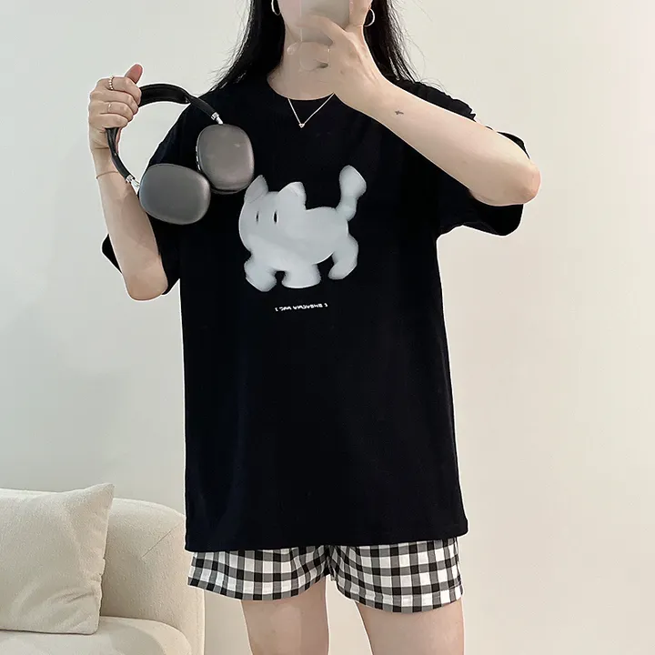🖤[당일출고/남녀공용]🖤 고양이 캣 빅사이즈 박시핏 루즈핏 오버핏 박시티 반팔 티 티셔츠 여름 면티 커플티 커플룩 커플 커플잠옷 순면 잠옷 파자마 상하세트 체크바지 프리미엄 무 상세 이미지 7