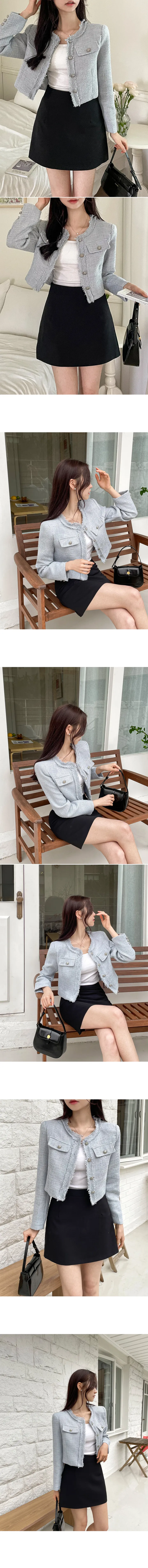 제퍼 봄 가을 하객룩 벚꽃룩 수술 노카라 라운드넥 숏 크롭 트위드 자켓 상세 이미지 5