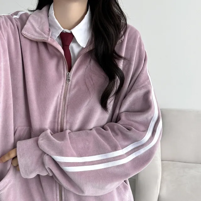 루즈핏 투웨이 지퍼 더블 라인 벨벳 스웨이드 후리스 댄스 트랙탑 져지(4color) 상세 이미지 22
