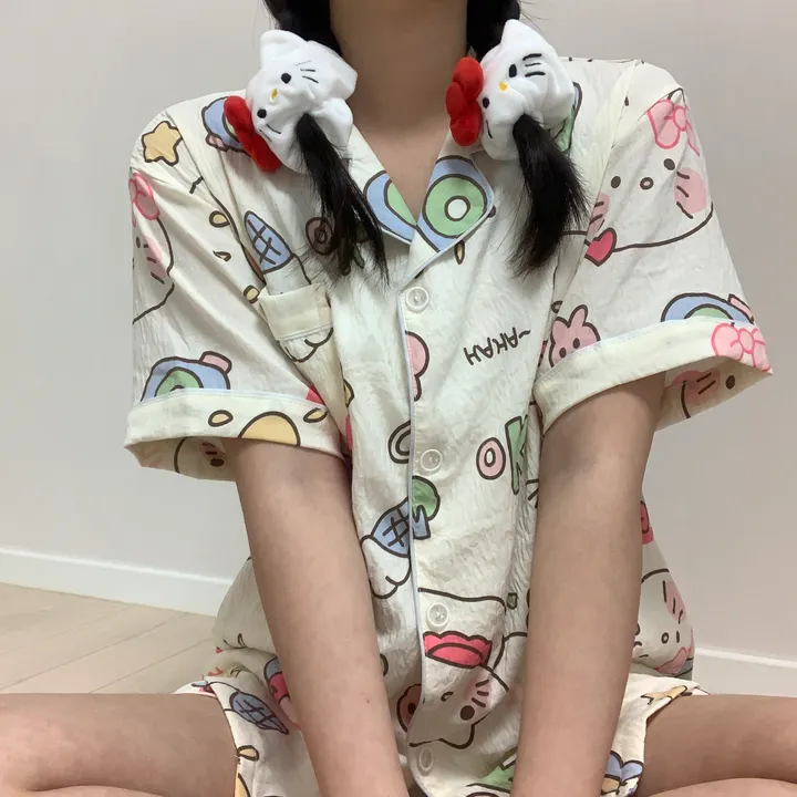[3피스/빅사이즈도있어용!] 귀여운 리본 고양이 키티 캐릭터 집순이 생일선물 반팔 반바지 긴바지 쓰리피스 잠옷 세트 상세 이미지 13